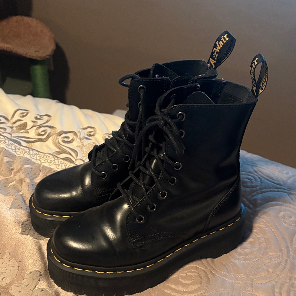 Dr. Martens Black Lace-Up Platform Boots with Yellow Stitching
